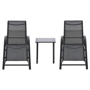 Lot de 2 bains de soleil design contemporain table basse plateau verre trempé métal époxy textilène noir