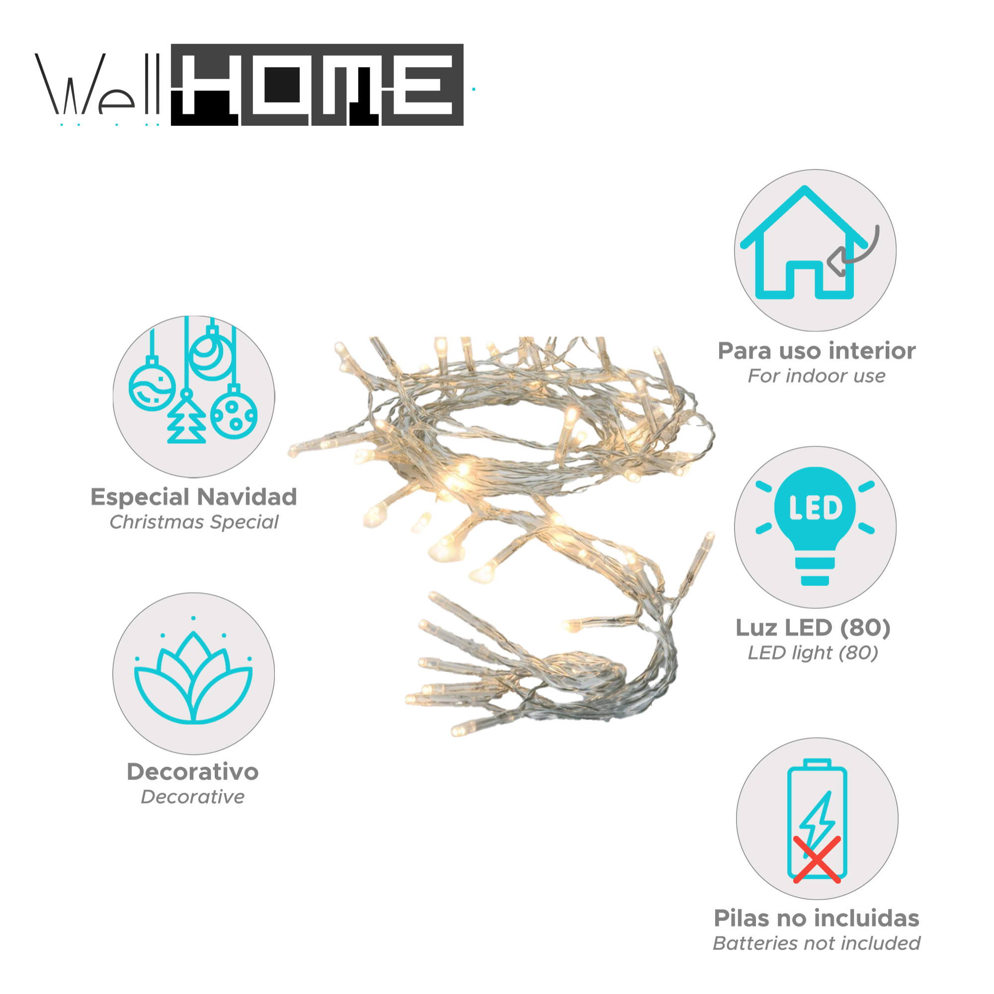 guirnalda con 80 luces led blanco cálido con cable transparente