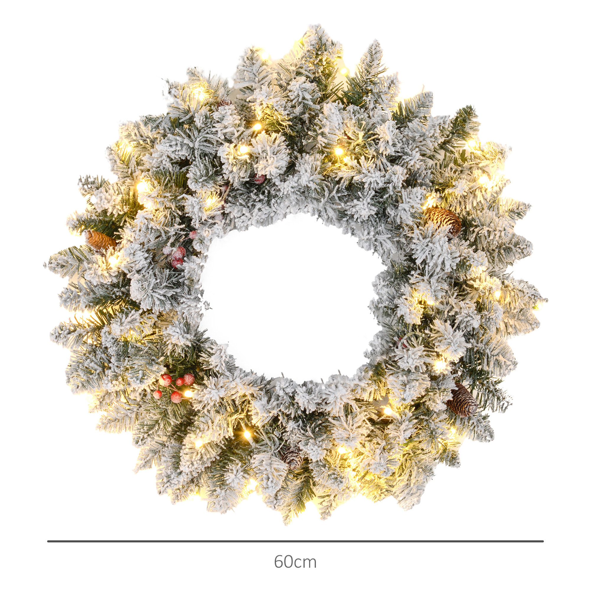 Couronne de Noël artificielle LED 60 cm - pommes de pin, baies rouges, 50 LED blanc - effet enneigé
