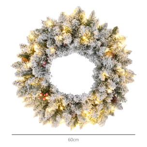 Couronne de Noël artificielle LED 60 cm - pommes de pin, baies rouges, 50 LED blanc - effet enneigé