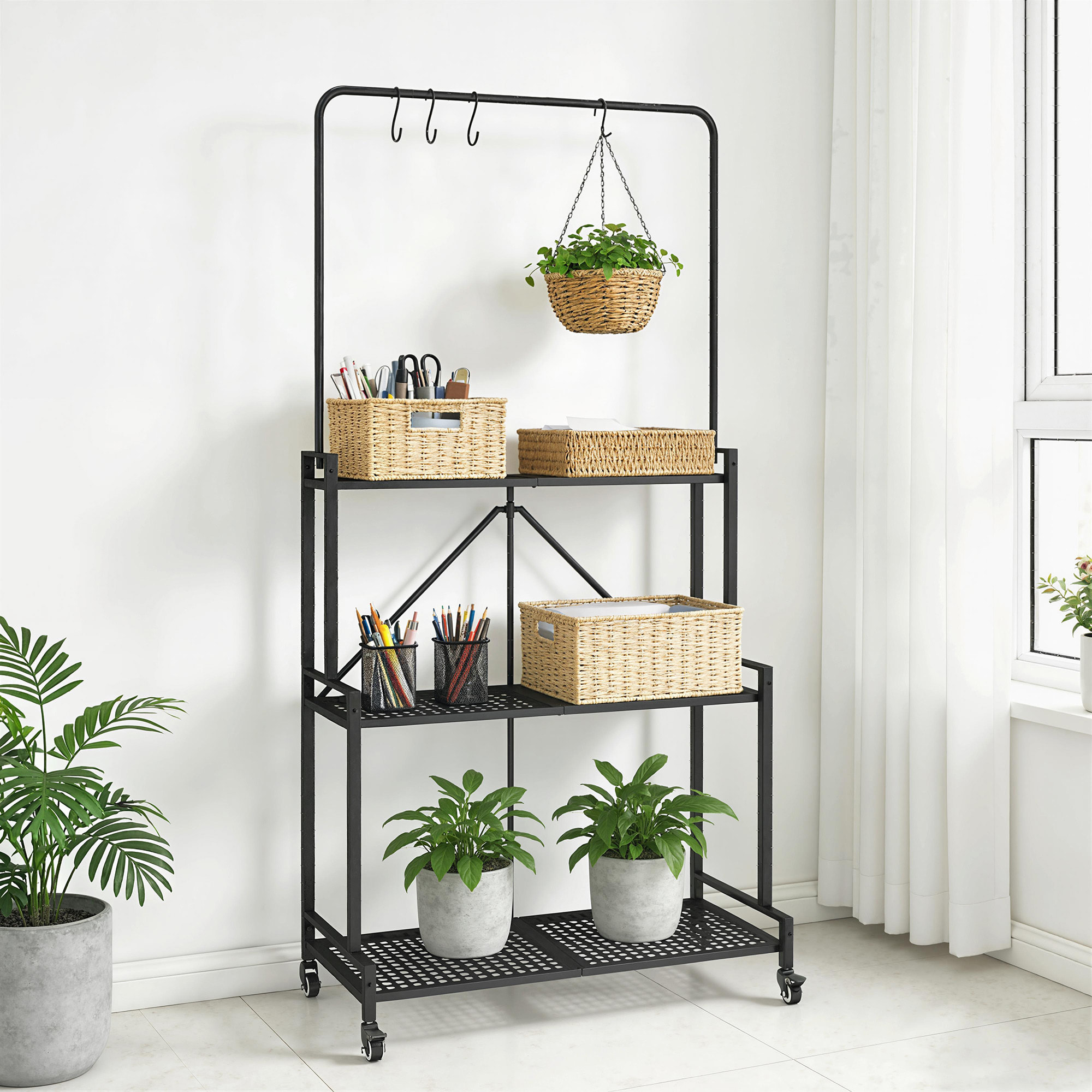 Étagère pour plantes pliable mobile 3 niveaux métal noir