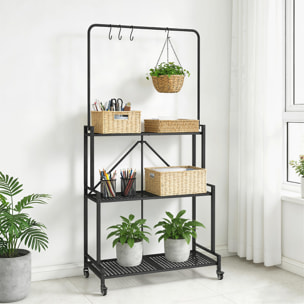Étagère pour plantes pliable mobile 3 niveaux métal noir