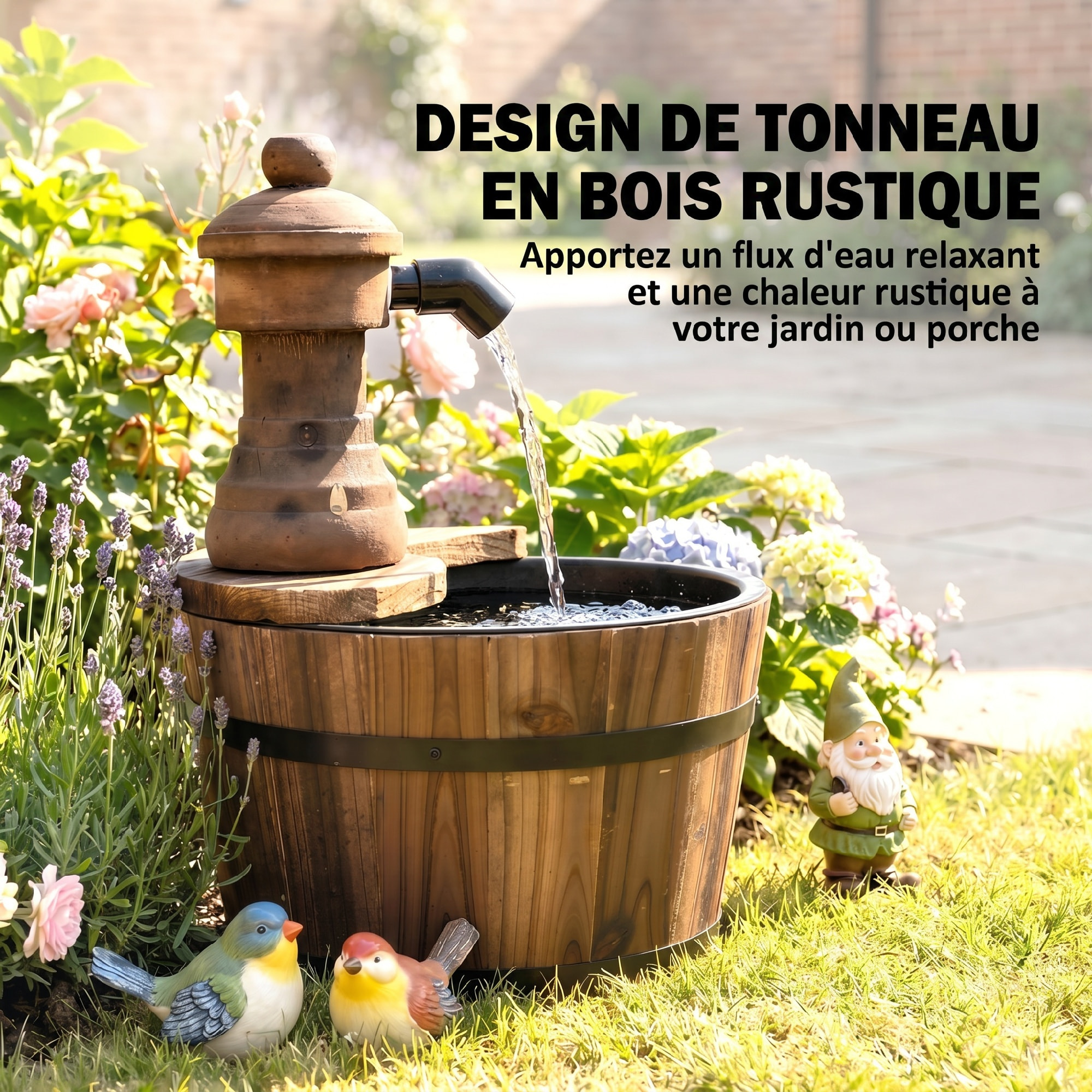 Fontaine de jardin tonneau pompe à eau submersible incluse Ø 27 x 37H cm bois de pin marron