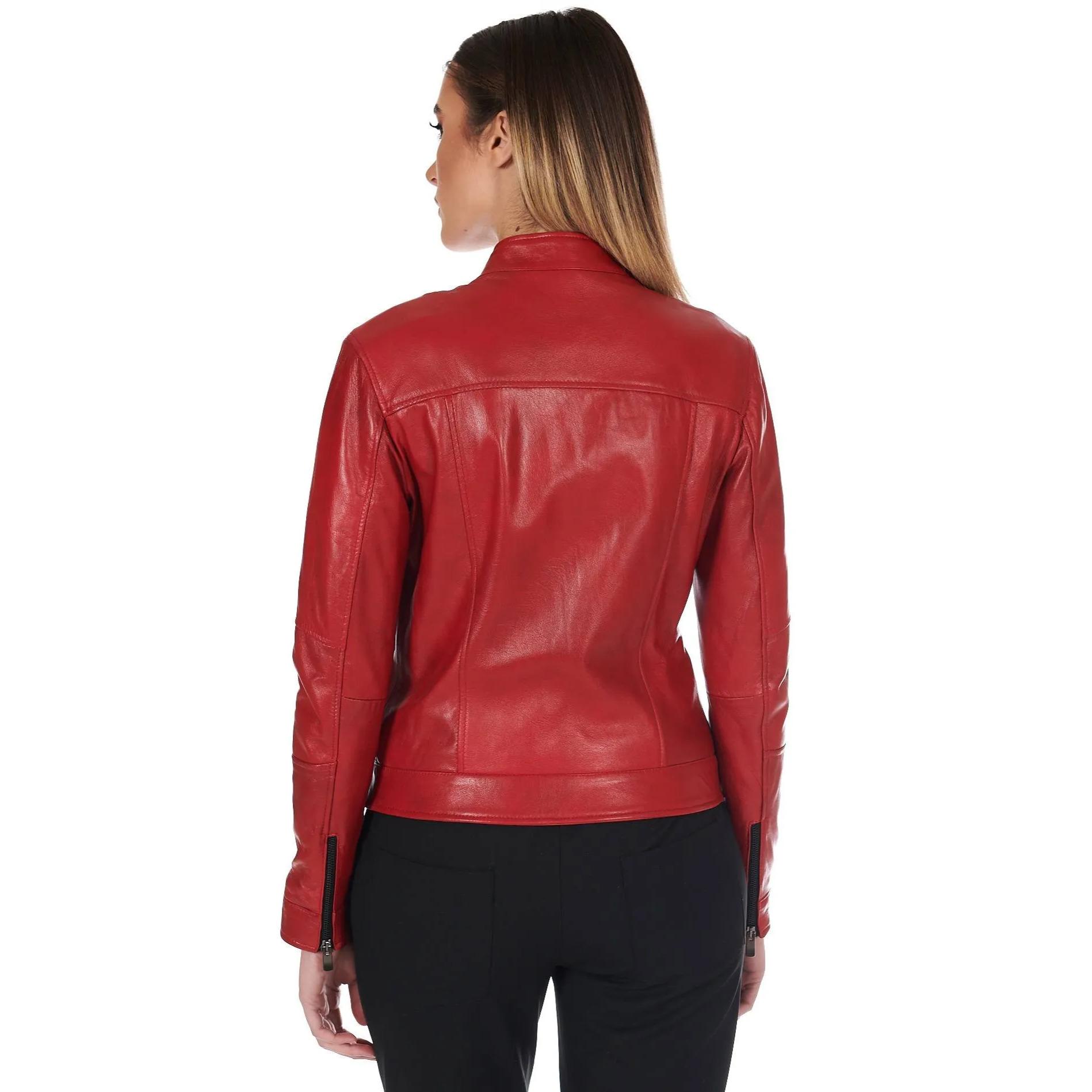 Giacca biker in pelle rossa nappa effetto liscio