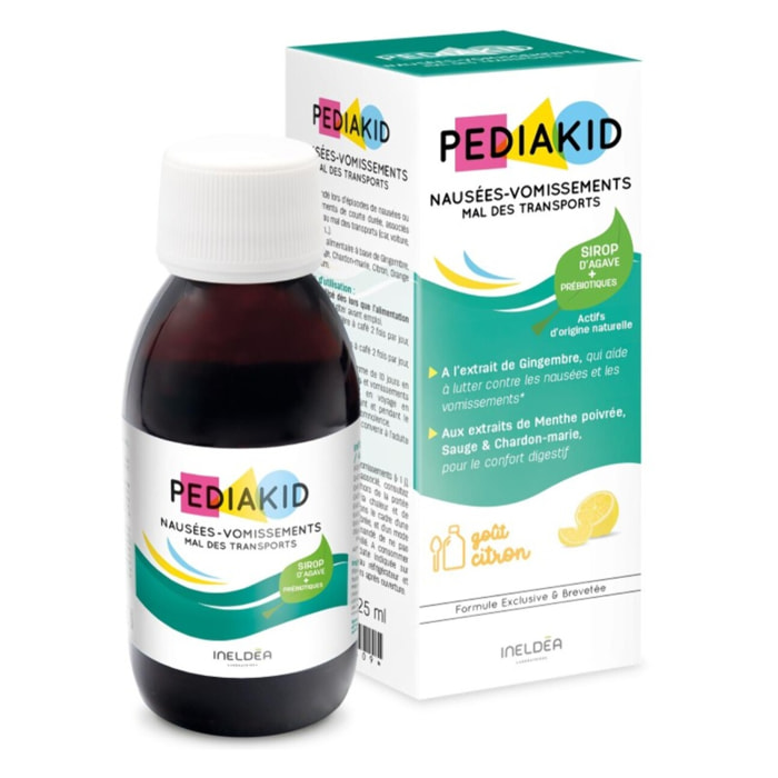 PEDIAKID - Sirop Nausées-vomissements Mal des Transports - Complément alimentaire à base de plantes - Confort digestif - Contre les nausées & vomissements - Goût citron - Flacon 125 ml