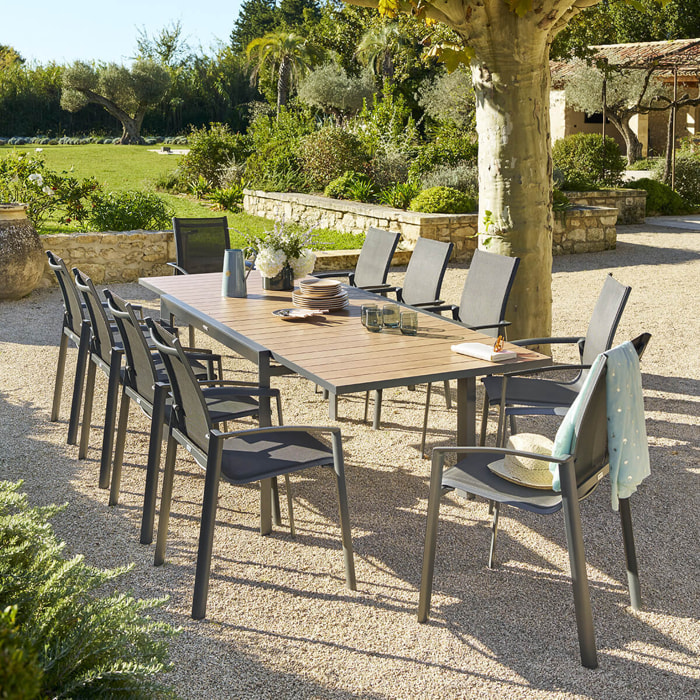 Table de jardin extensible coulissante "Évasion" effet bois honey & graphite 10 places lates en aluminium