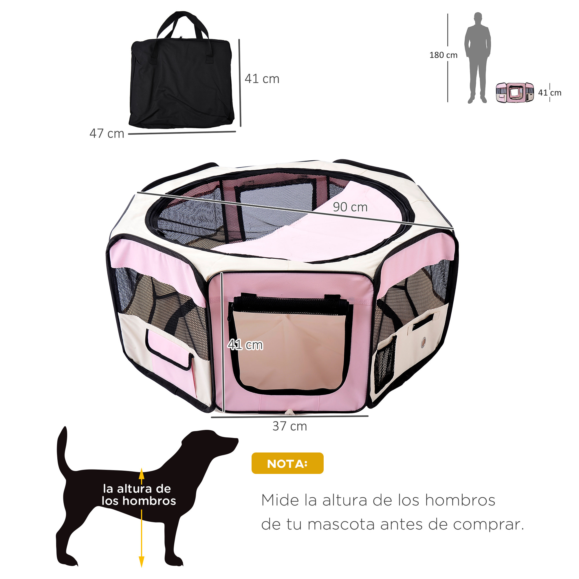 Parque Plegable para Perros y Gatos, Corralito Portátil para Animales Pequeños Impermeable de Tela Oxford con 2 Puertas, para Exterior e Interior, Ø90x41 cm, Rosa
