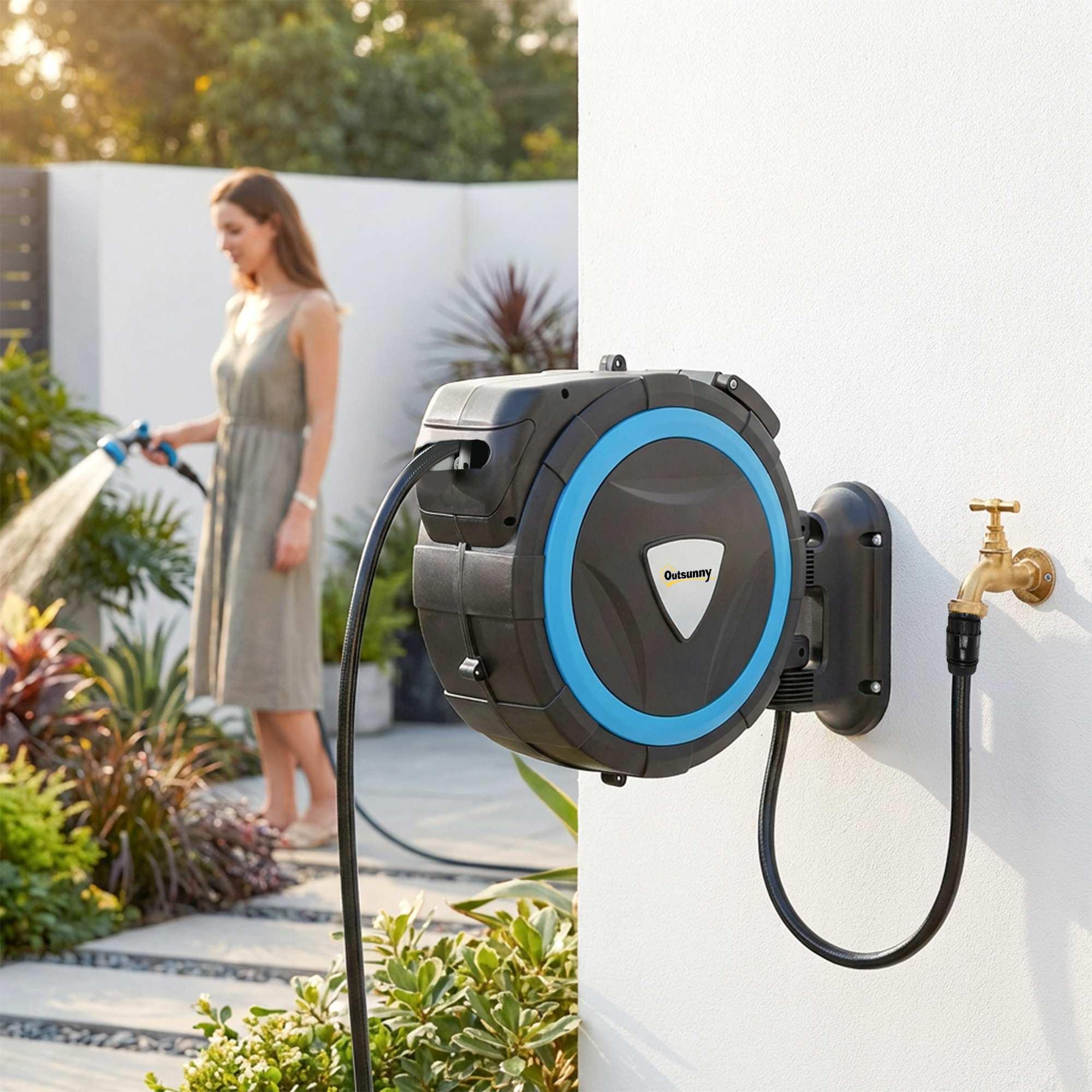 Dévidoir mural enrouleur automatique pivotant tuyau 14+1,5m avec pistolet buse et support mural