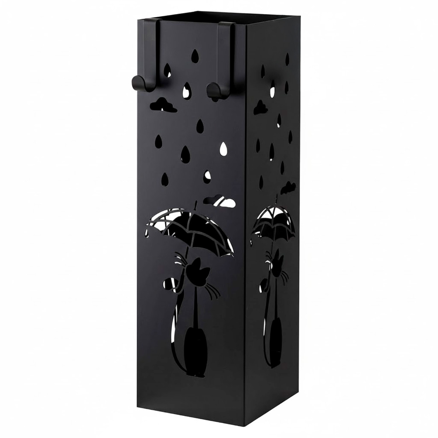 Portaombrelli In Metallo Con Decorazione Gatto Vaschetta Scolapioggia Removibile E 2 Ganci Laterali Base Antiscivolo Quadrato 49 x 15.5 x 15.5 Cm Nero
