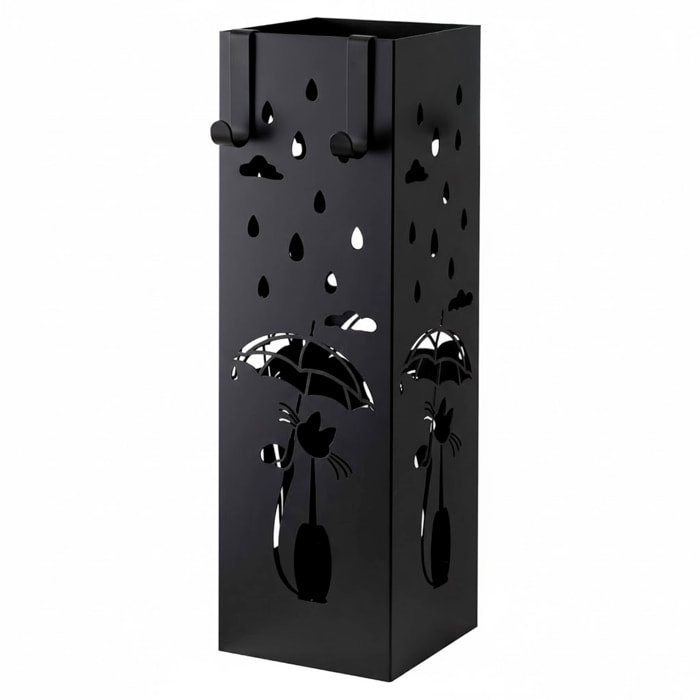 Portaombrelli In Metallo Con Decorazione Gatto Vaschetta Scolapioggia Removibile E 2 Ganci Laterali Base Antiscivolo Quadrato 49 x 15.5 x 15.5 Cm Nero