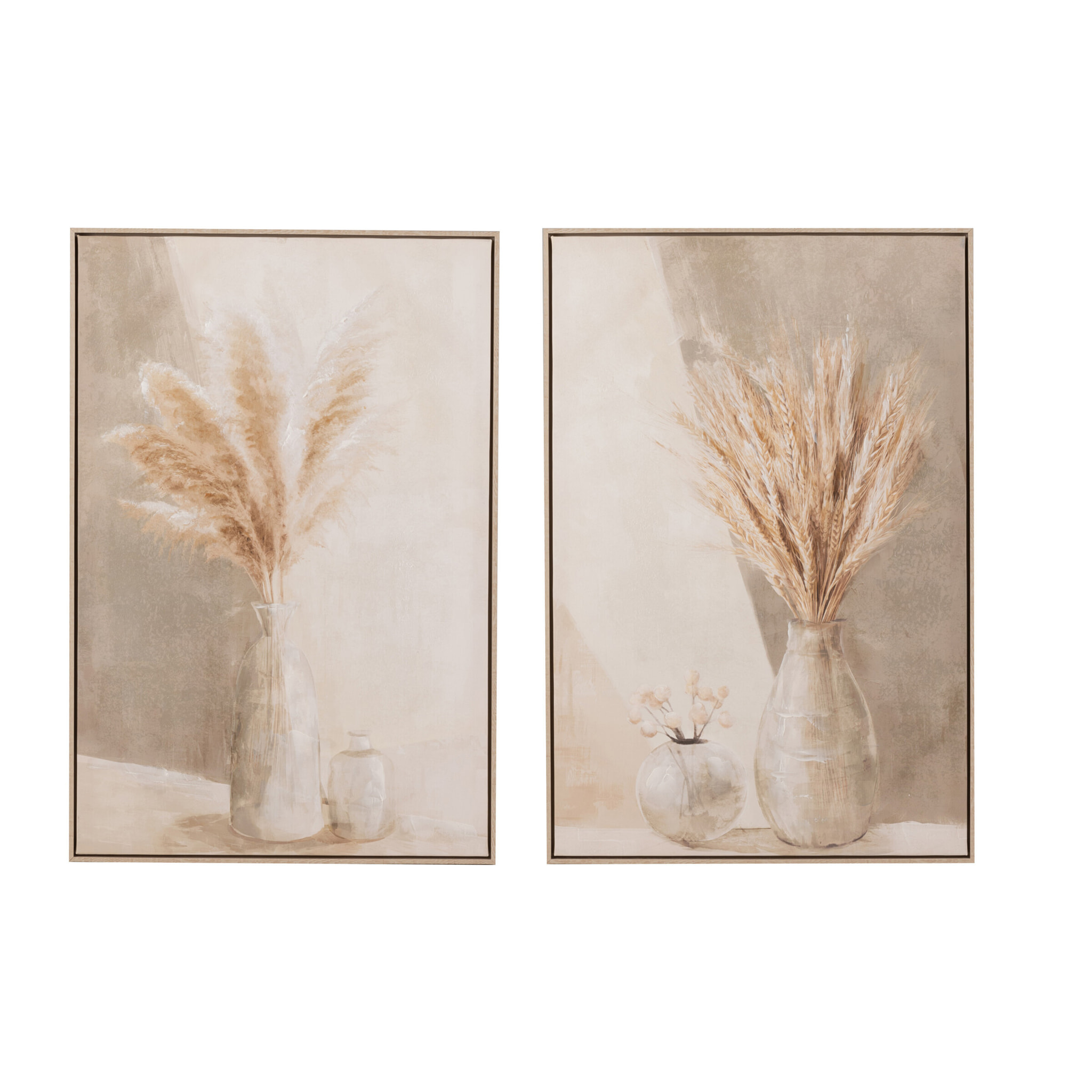 J-Line Peinture Vase Pampas Canevas/Bois Beige Assortiment De 2