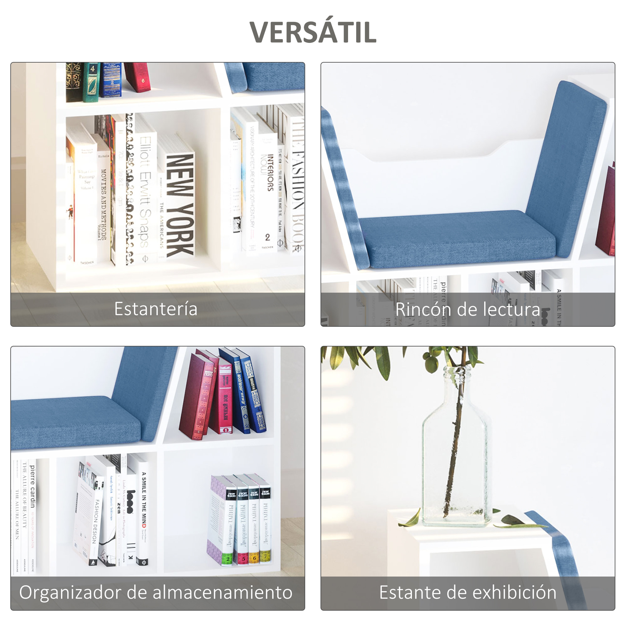 Librería con Asiento Estantería de Libros con 6 Cubos Zapatero con Banco con Cojín Multiusos para Sala de Estar Oficina Dormitorio 102x30x61cm Blanco y Azul