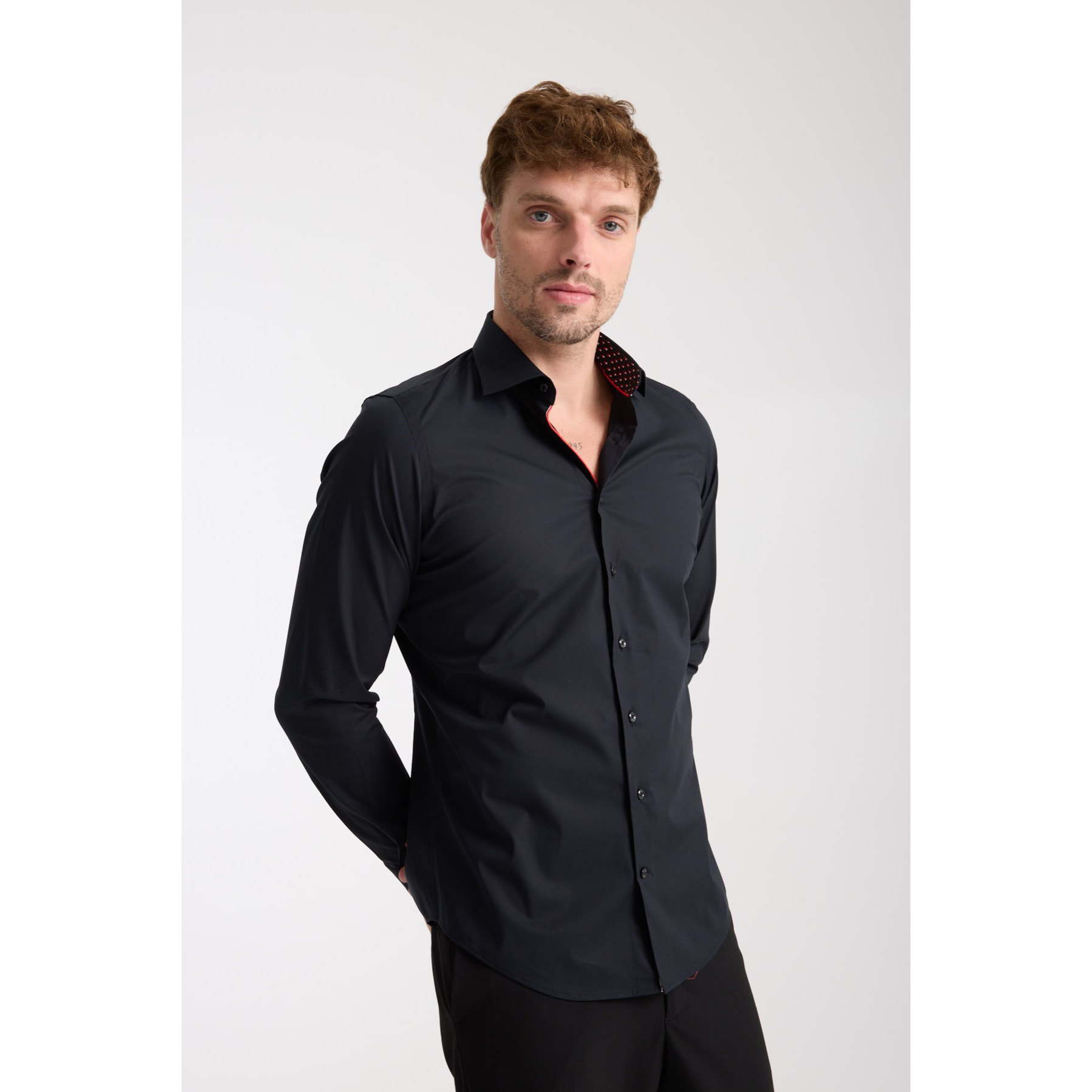 Camicia Uomo 1 Bottone Francese Slim Popeline Stretch Unito Nero