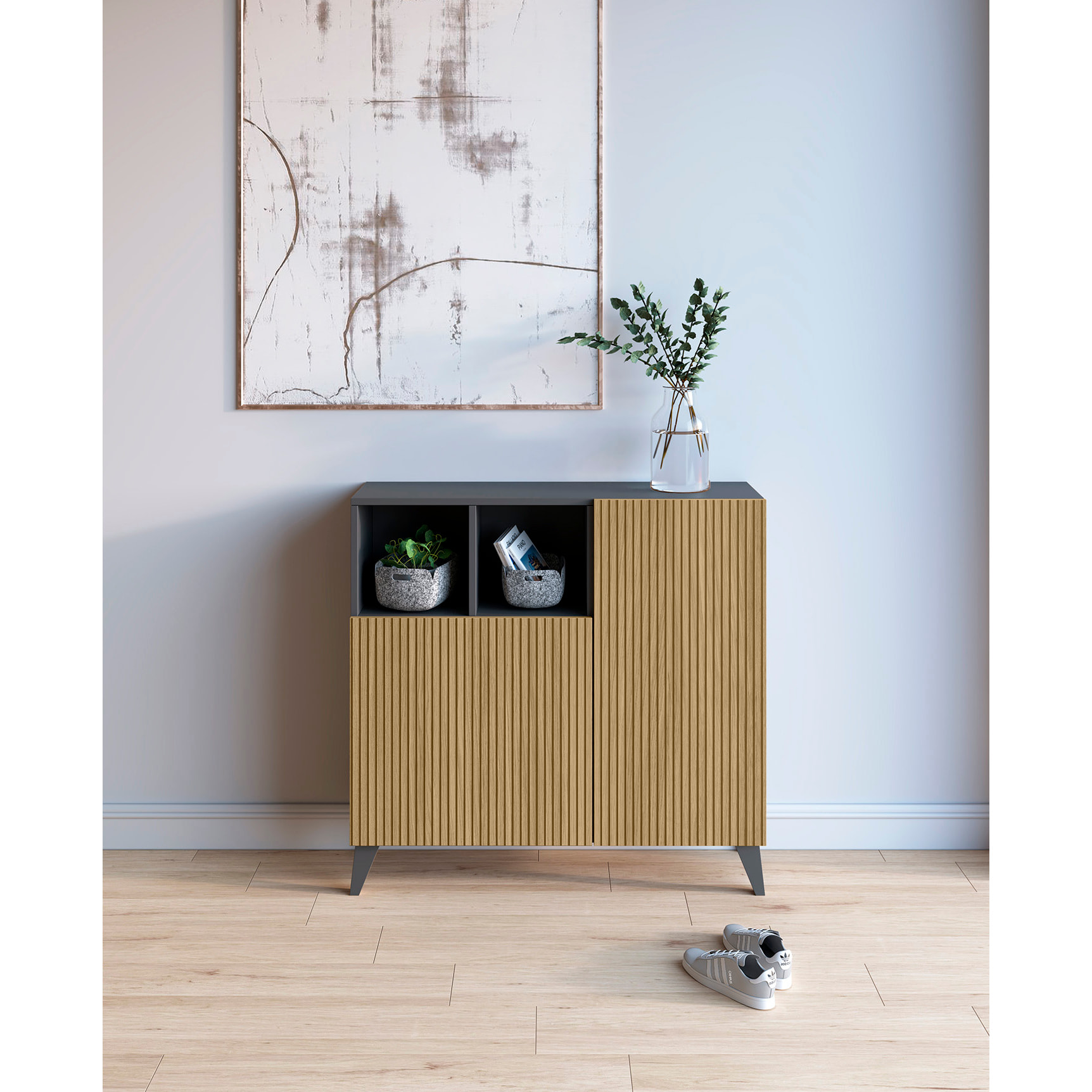 Zapatero Moss melamina grafito puertas impresión vallado 87x90x27 cm