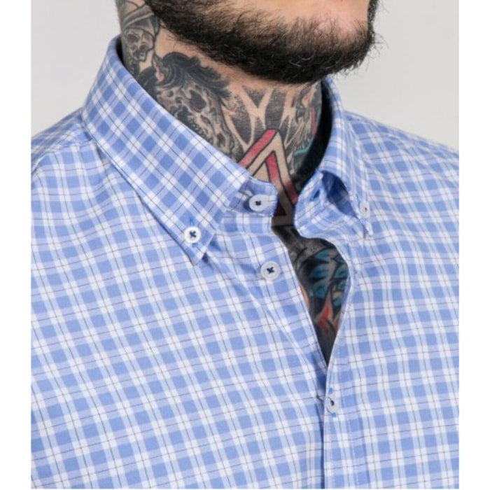 Camicia Uomo 1 Bottone Button Down Manica Corta Slim Cotone poliestere Quadro Medio Bianco/Celeste