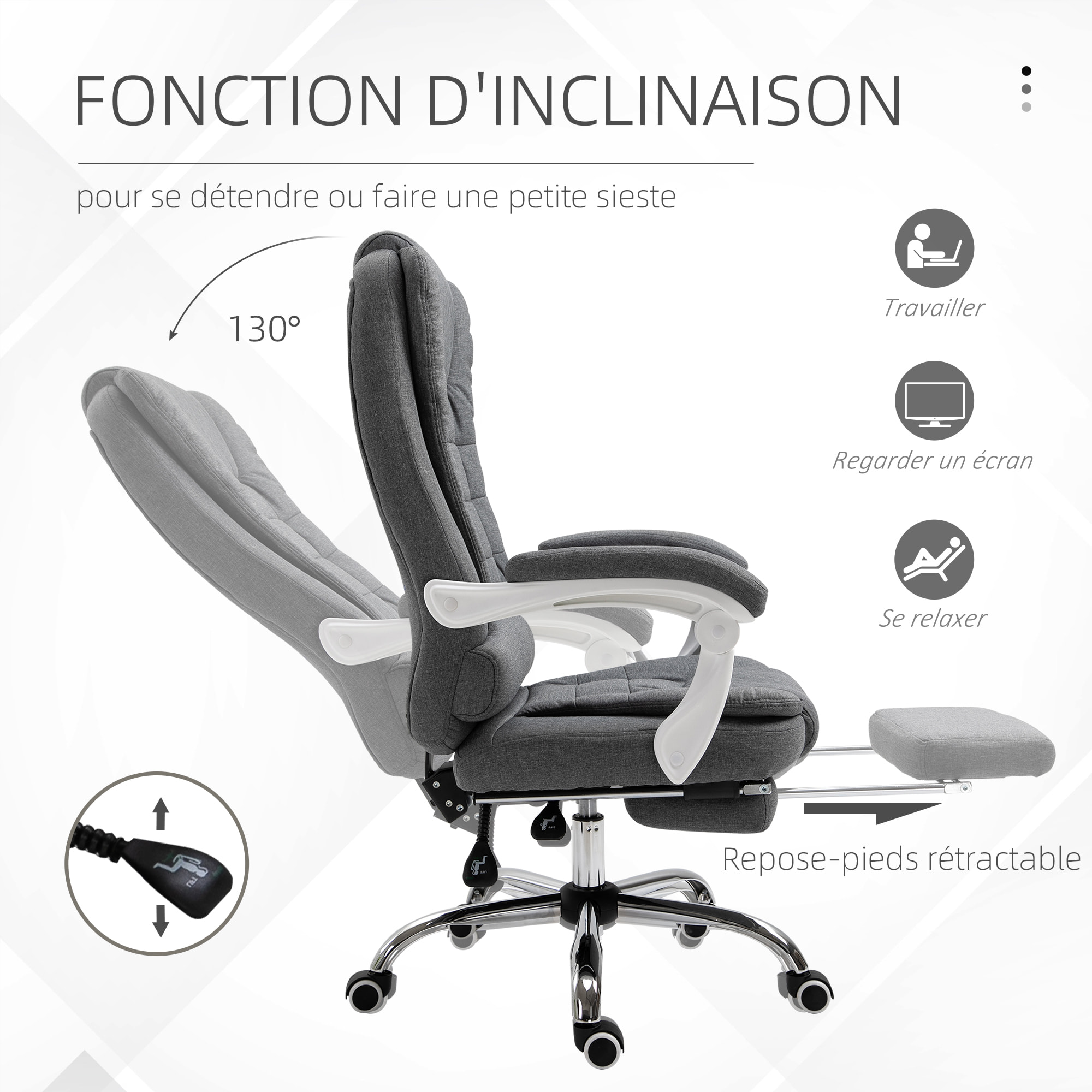 Fauteuil de bureau manager grand confort repose-pied dossier inclinable accoudoirs rembourrés tissu aspect lin gris