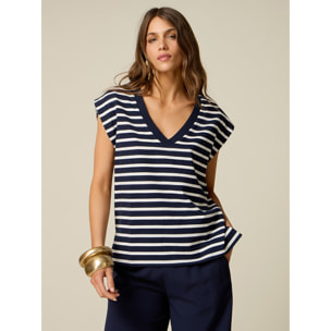 Oltre - T-shirt scollo a V a righe - Blu