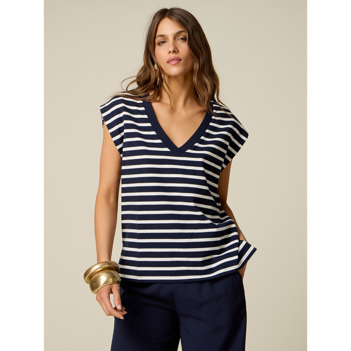Oltre - T-shirt scollo a V a righe - Blu