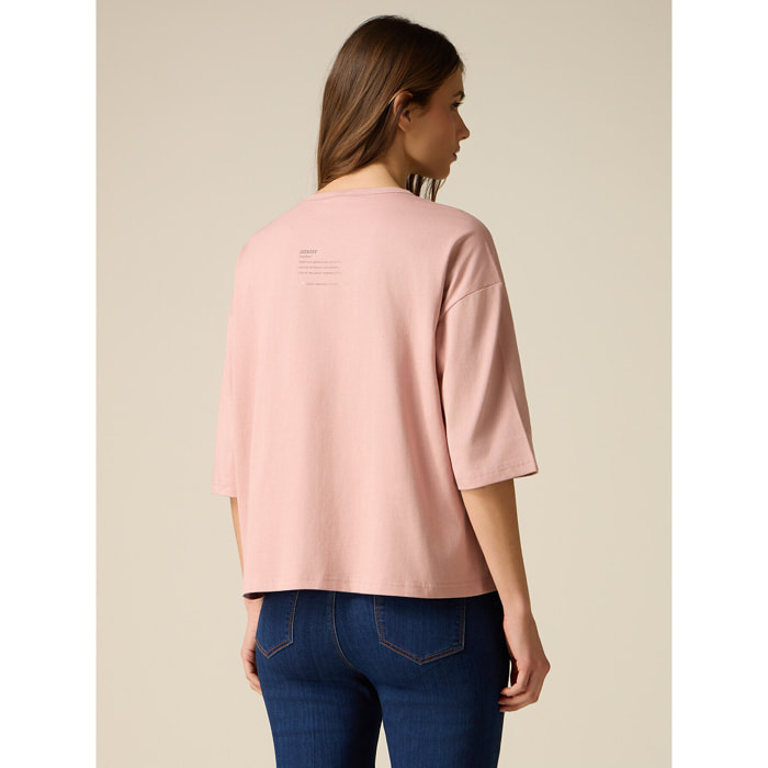 Oltre - T-shirt in cotone con ricamo lettering - Rosa