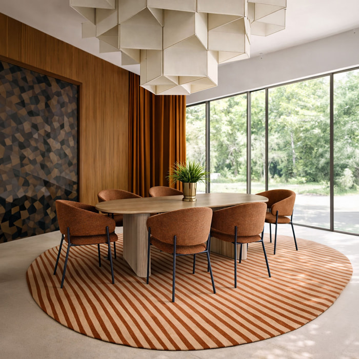 Ensemble table ovale effet bois 220cm et 6 fauteuils tissu terracotta QUITO