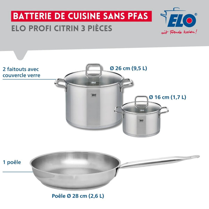 Ensemble de 1 Poêle de cuisson 28 cm et 2 faitouts 16 et 26 cm Elo Profi Citrin