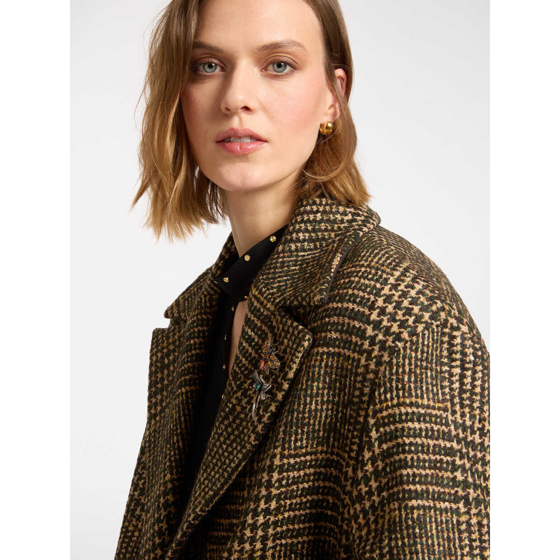 Elena Mirò - Cappotto in Galles con spilla - Marrone