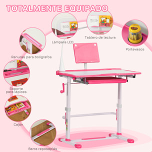 Juego de Escritorio y Silla para Niños de +6 Años Pupitre Infantil con Altura Ajustable Mesa Inclinable Cajón Lámpara LED y Portalápices 80x49,5x82-104 cm y 35,5x43,5x63-73 cm Rosa