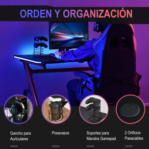 HOMCOM Mesa Gaming 120x66x76 cm con Luz LED RGB y Control Remoto Escritorio Gaming Desk con Portavasos Gancho para Auriculares Soporte para Mandos Gamepad Fibra de Carbono Negro y Rojo