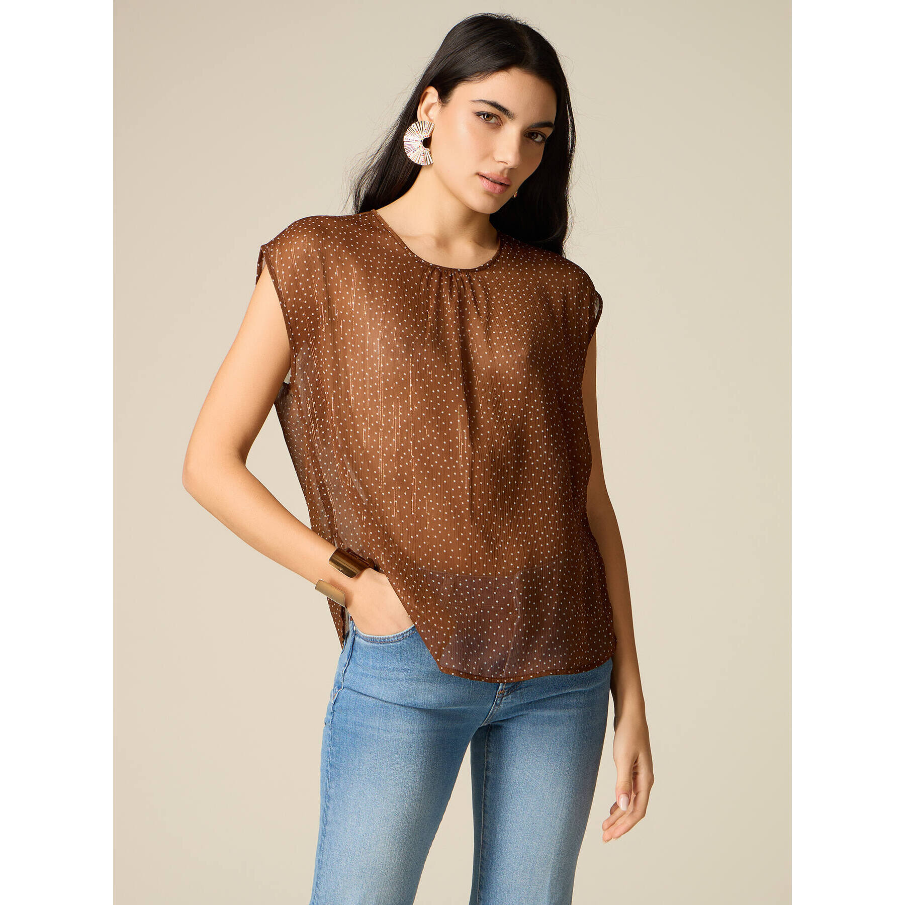 Oltre - Blusa in creponne fantasia - Marrone