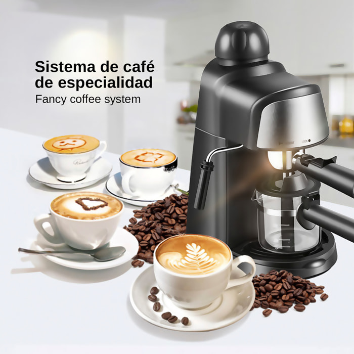 Cafetera espresso de 800 W y 5 bar de presión con capacidad de 240 ml. Incluye jarra de cristal con marcas de medida y varilla de vapor.