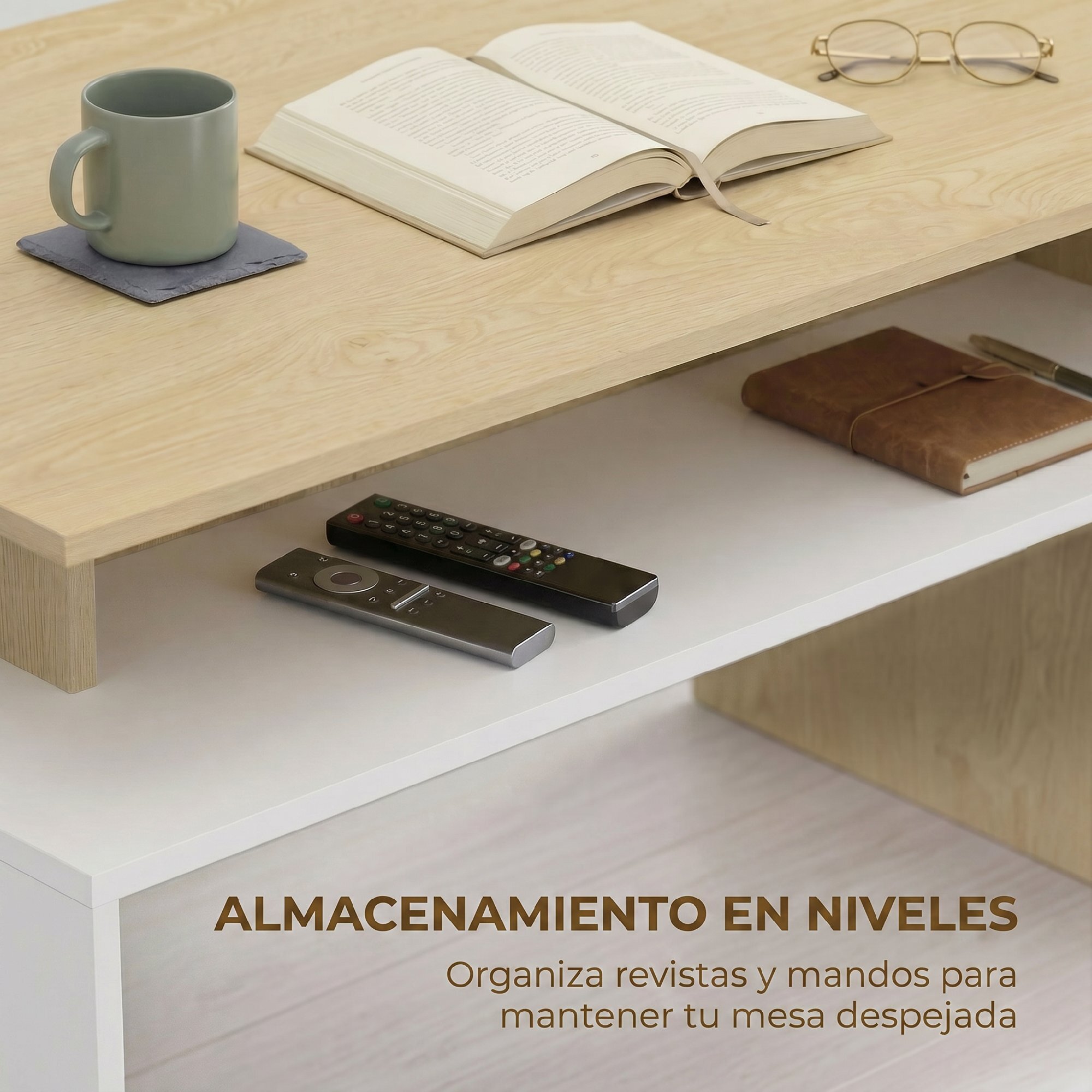 Mesa de Centro Moderna, Mesa baja para Salón con Compartimento para Salón, Sala de Estar, 95x55x50 cm, Natural y Blanco