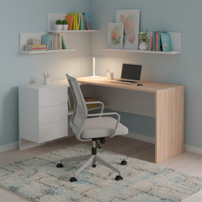Scrivania Ufficio Studio Reversibile Con Cassettiera A 3 Cassetti Tavolo Da Lavoro Moderno Design Salvaspazio 145 x 108 x 73 Cm Rovere E Bianco Opaco
