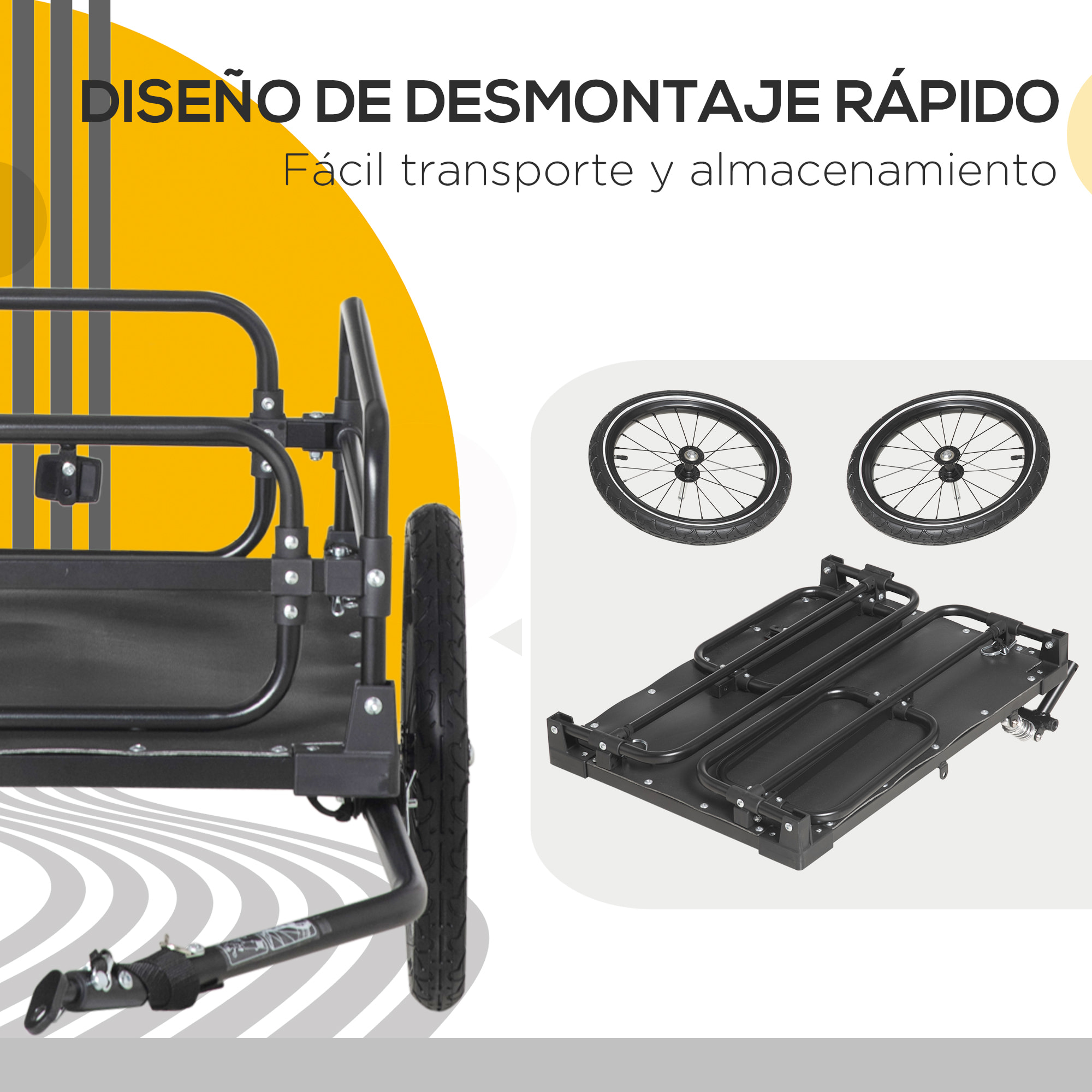 Remolque de Carga para Bicicleta Carro para Bicicleta Desmontable con 2 Ruedas Reflectores y Bandera Marco con Amortiguador Capacidad de 70L Carga 40 kg 125x64x53,5 cm Negro
