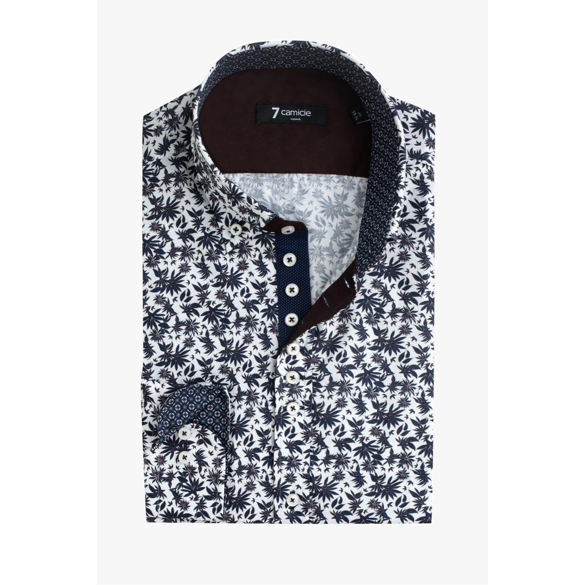 Camicia Uomo 1 Bottoni Button Down Slim Popeline Stampato Bianco e Blu