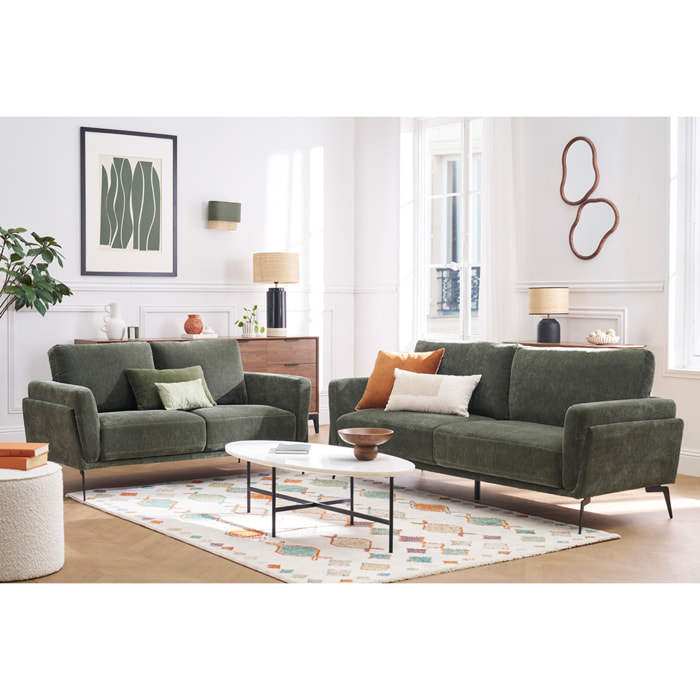 Canapé design 3 places en tissu effet velours vert kaki et métal noir MOSCO