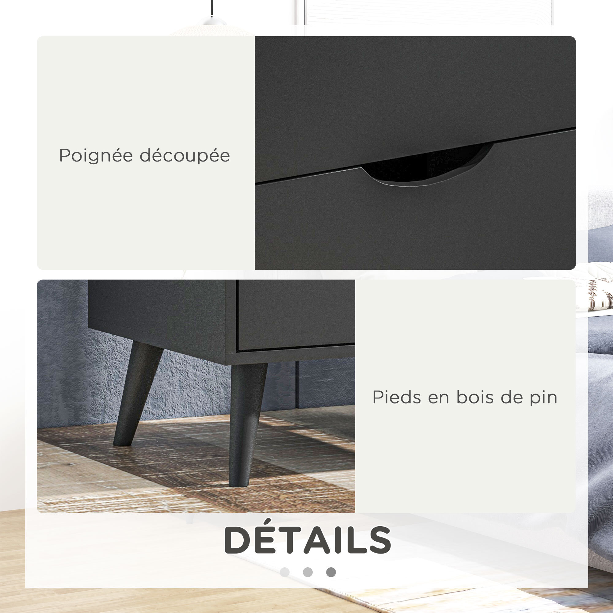Chevet 2 tiroirs table de nuit style nordique dim. 40 x 35 x 50,5 cm noir