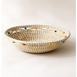 Corbeille ronde en jonc de mer et perles de bois 37cm MILOS