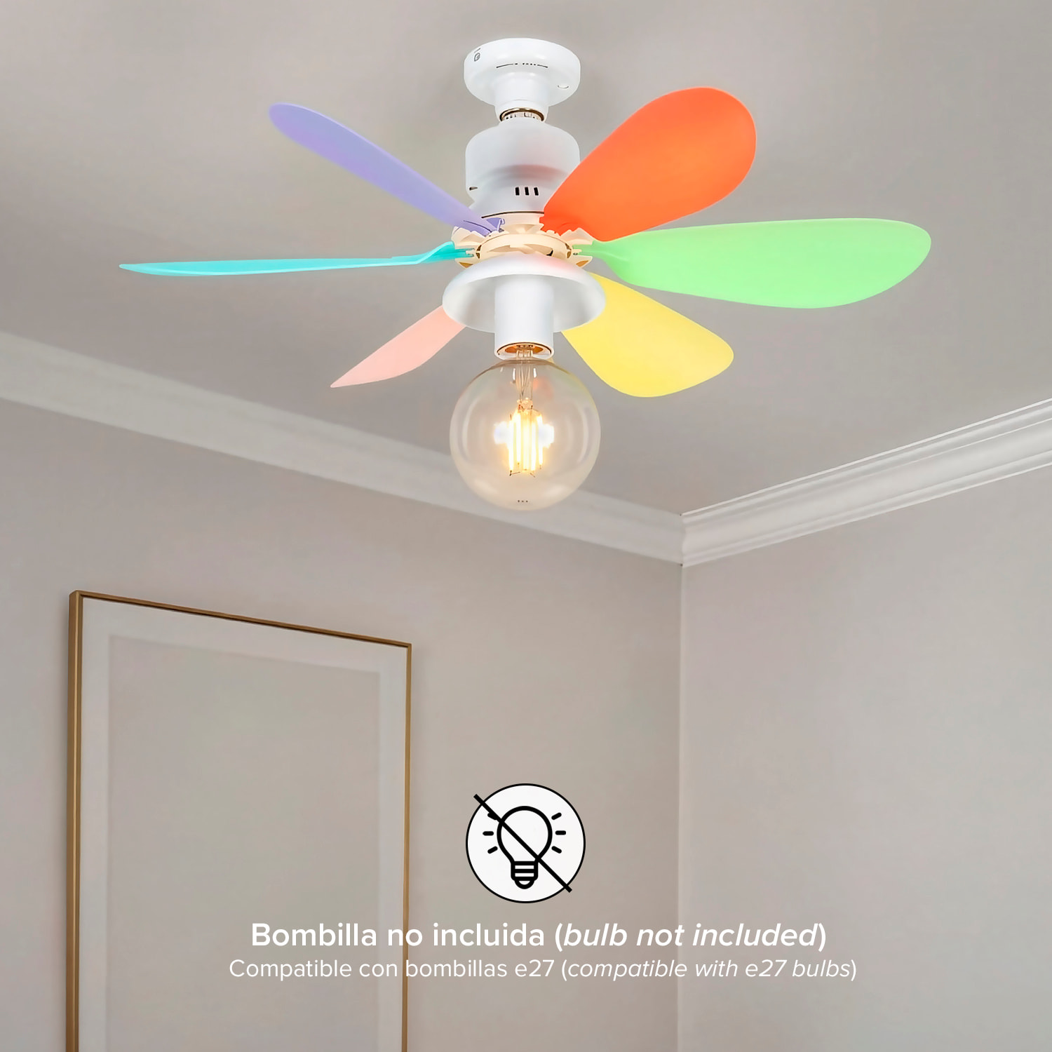 Ventilador de techo FS-HX-DIY-520 de 52 cm. Adaptador E27. Admite bombillas E27, 3 velocidades y mando a distancia.