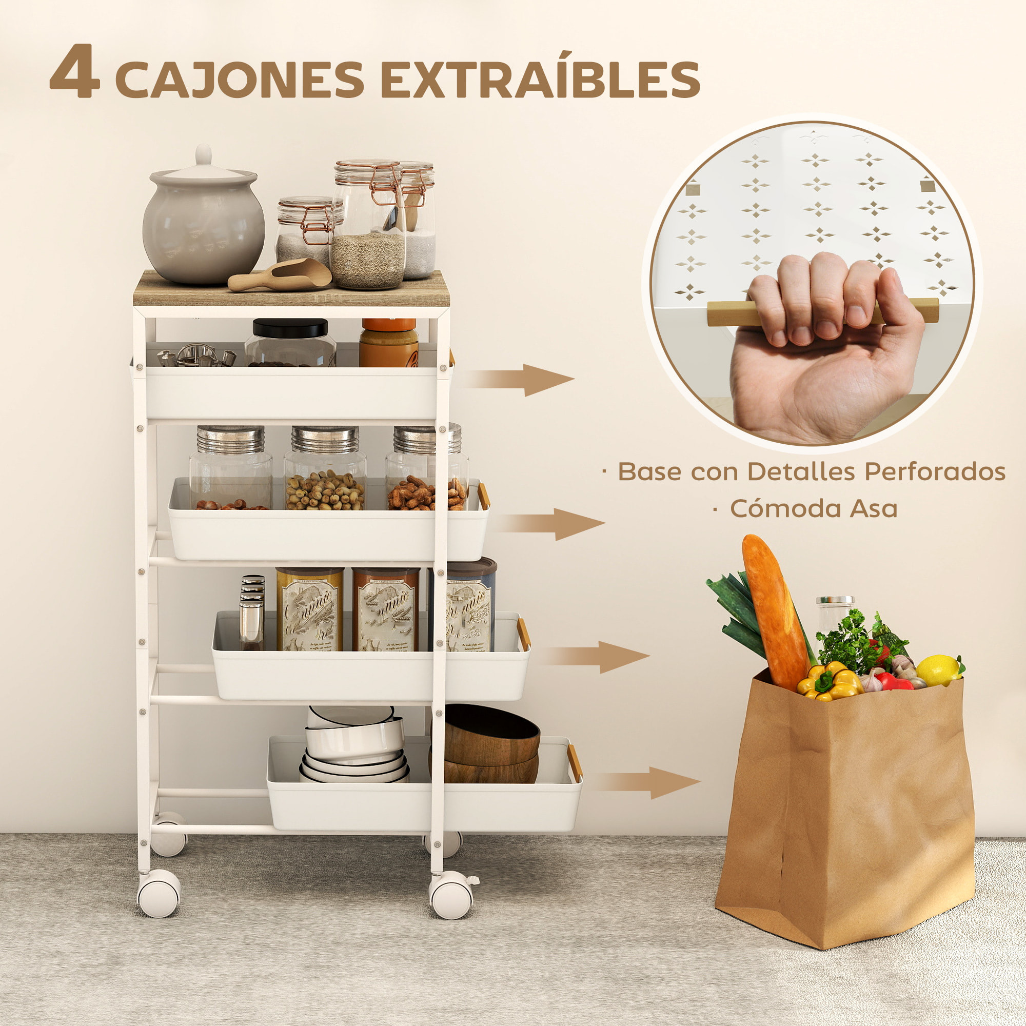 Carro de Cocina de Almacenamiento de 5 Niveles Carrito Auxiliar con Ruedas Tablero Efecto Madera y 4 Cajones Extraíbles Carrito de Cocina para Comedor Salón 39,5x24x82 cm Blanco