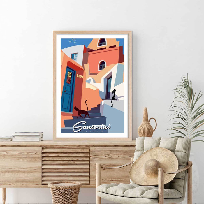 Poster vintage les chats de santorini Affiche + cadre en bois - Chêne