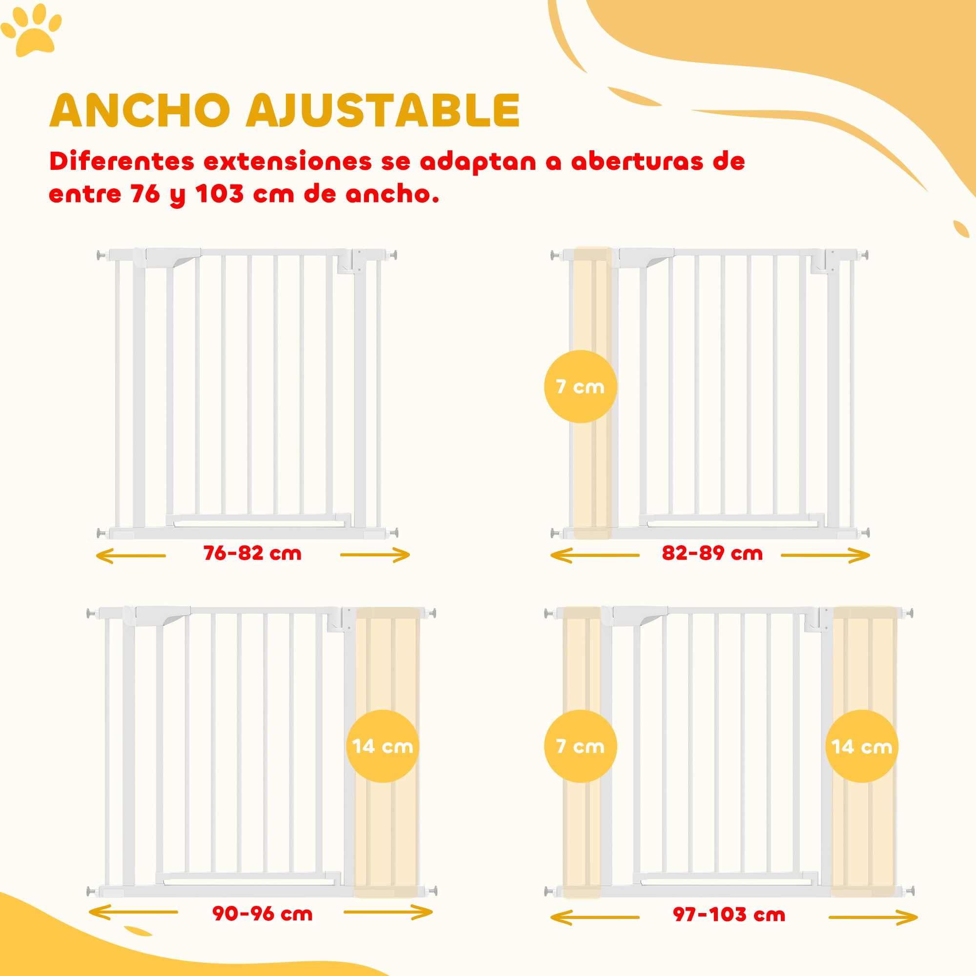 Barrera de Seguridad para Niños y Perros, Extensible 76-103 cm, Puerta para Perros, Bloqueo Doble, Cierre Automático, Apertura Dos Sentidos, Montaje a Presión, 2 Extensiones 7/14 cm, Blanco