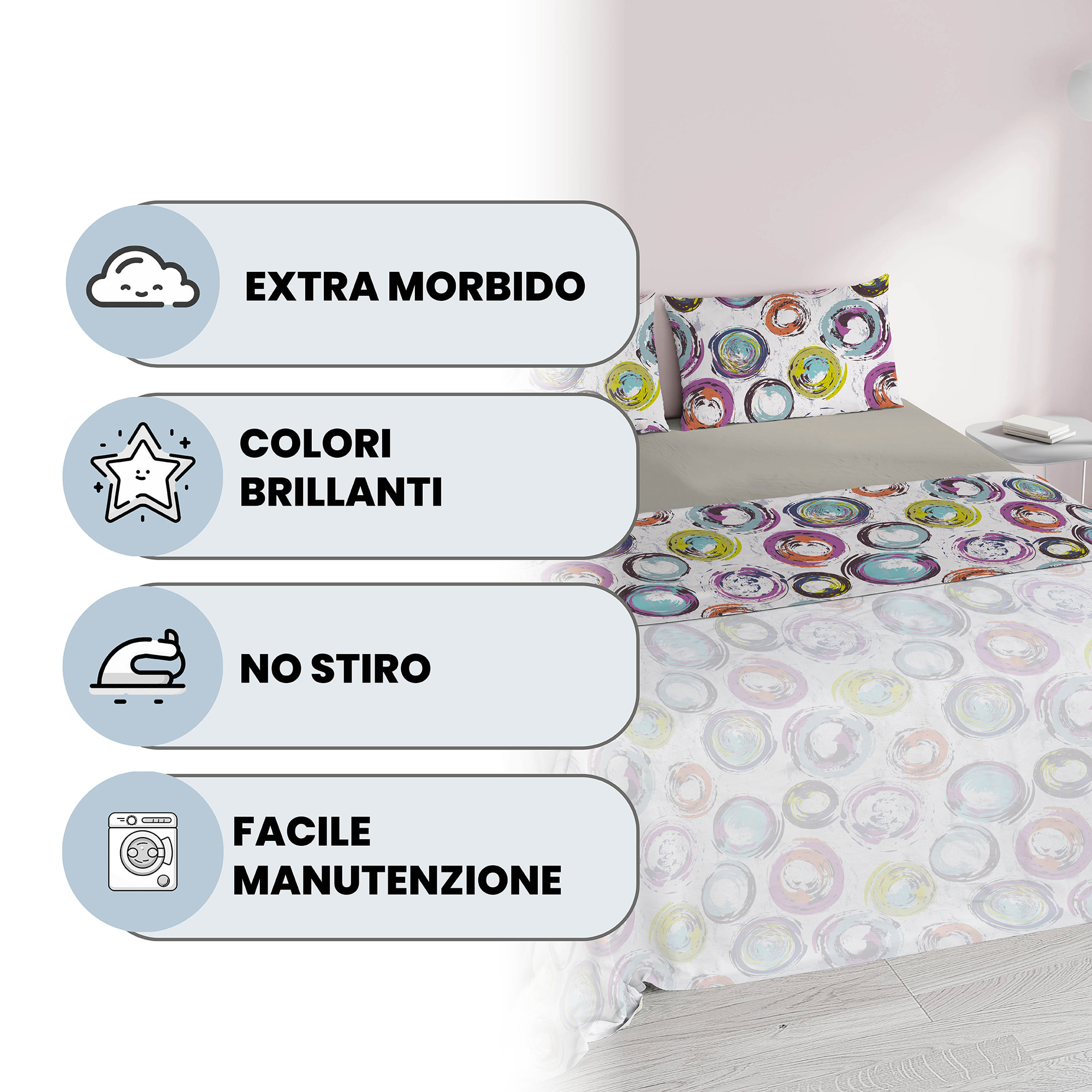 COMPLETO LETTO FANTASY, 100% Microfibra - CERCHI ASTRATTI