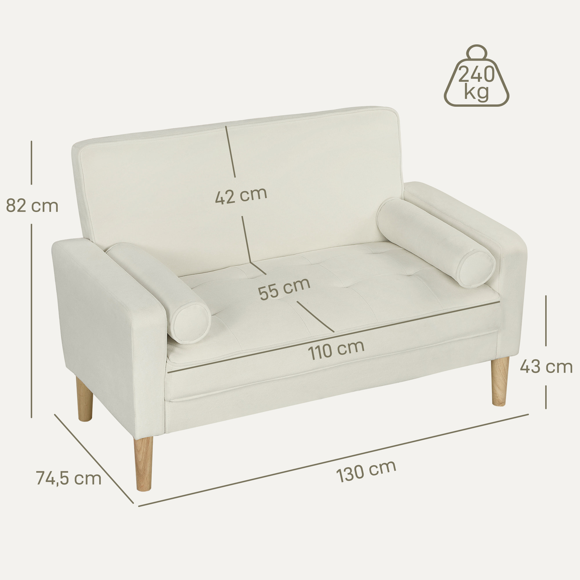 Sofá de 2 Plazas Tapizado en Terciopelo Sofá de Salón de 130 cm con Asiento Capitoné 2 Almohadas y Patas de Madera para Espacios Pequeños Dormitorio Sala de Estar Oficina Crema
