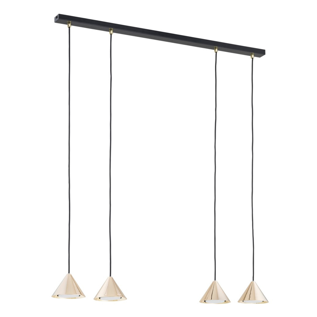 Lampada a sospensione ELIT con diffusori conici oro e struttura nera