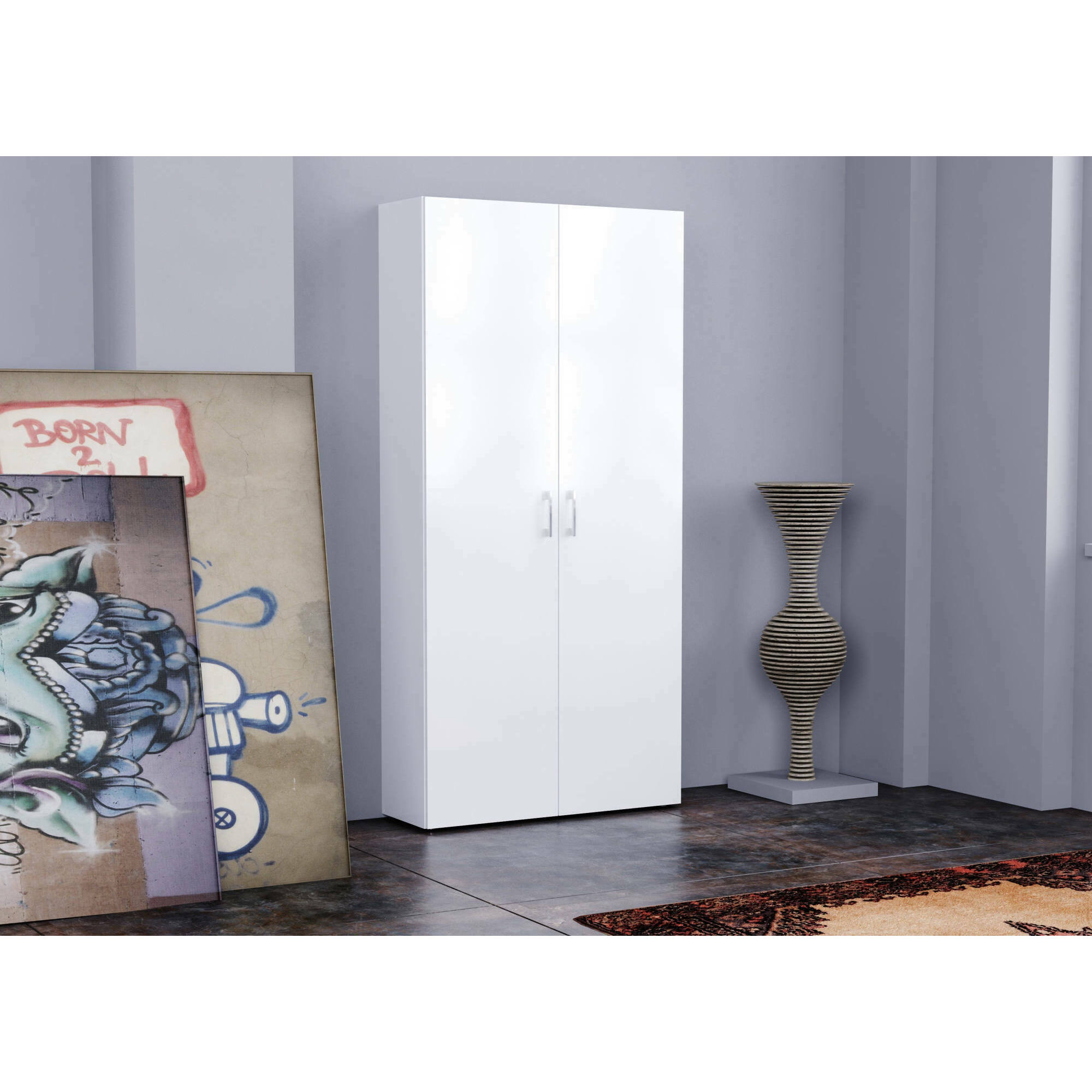 Scarpiera Actra, Mobile multiuso a 2 ante e scaffali interni, Portascarpe da ingresso, 100% Made in Italy, cm 91x33h190, Bianco lucido