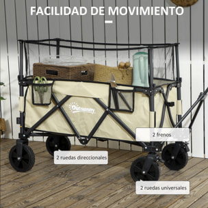 Carro de Jardín 180 L Carro Plegable con Longitud y Ángulo del Mango Ajustables y Paredes Laterales Extensibles Carga 120 kg para Patio Playa Caqui