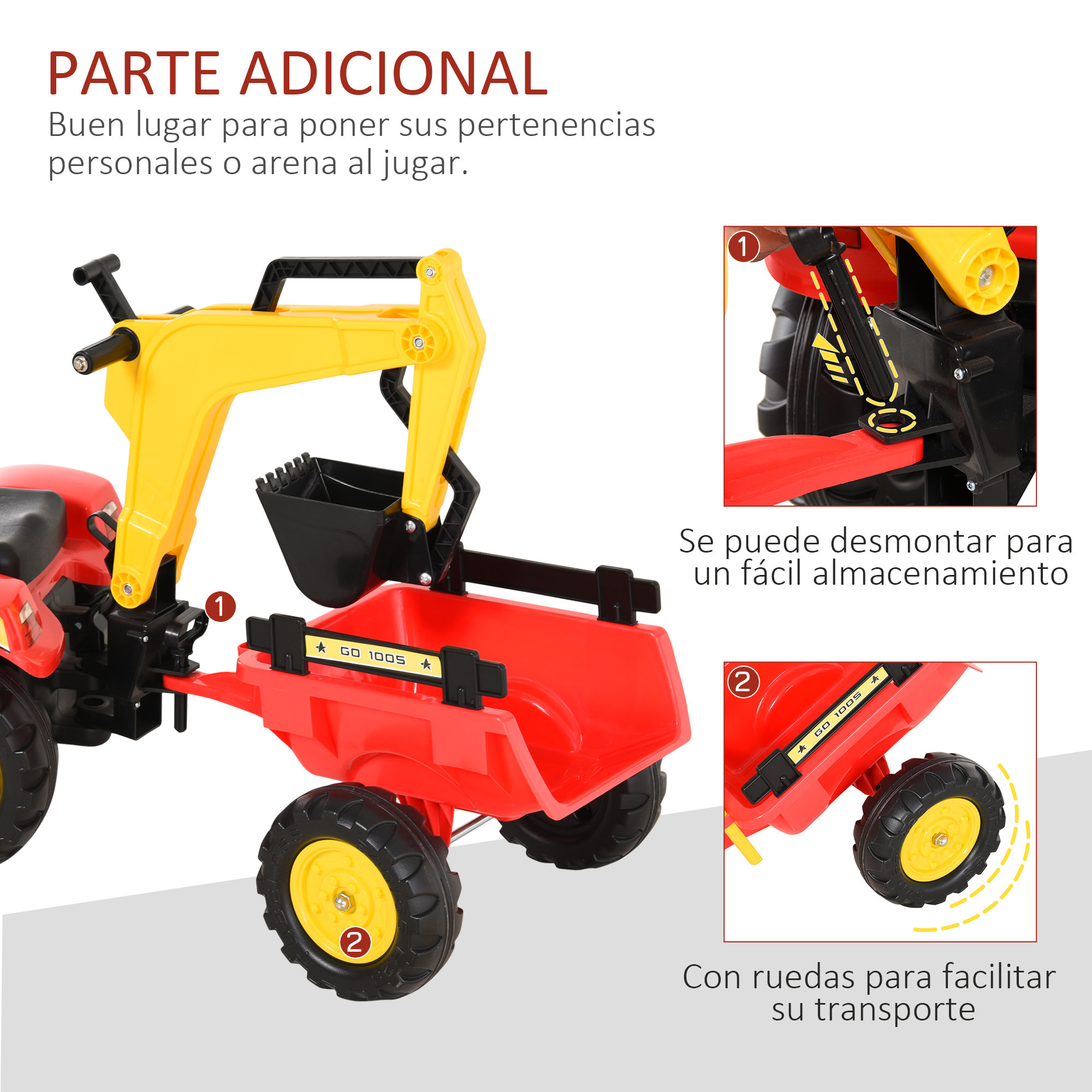 Tractor a Pedales para Niños con Remolque y Pala Frontal Rojo