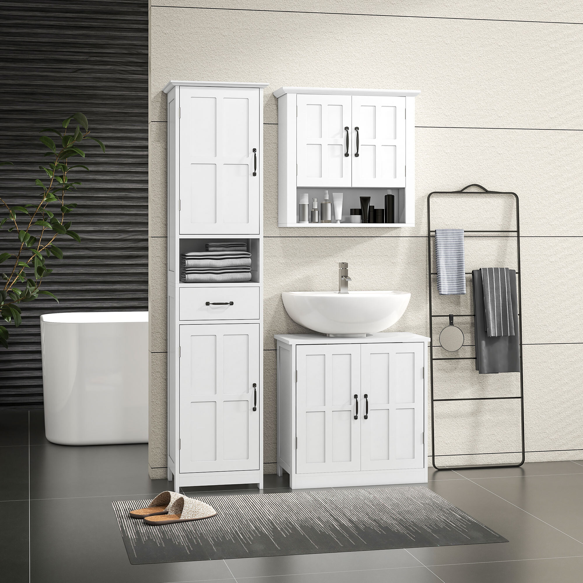 Conjunto de Baño Incluye 1 Columna de Baño 1 Mueble para Debajo del Lavabo y 1 Armario de Pared con Estante Ajustable Estilo Moderno Blanco