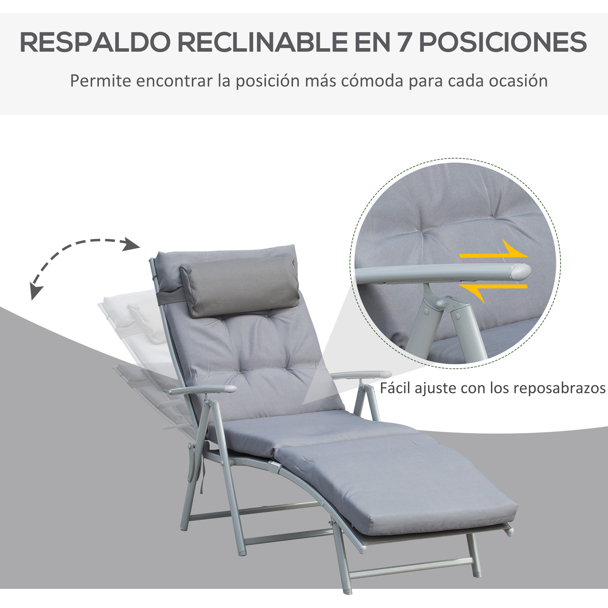Tumbona Plegable de Jardín con Respaldo Ajustable en 7 Posiciones Terraza Gris