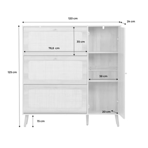 Meuble à chaussure cannage Bohème blanc. 3 tiroirs. 1 porte. 21 paires. 120 x 24 x 125 cm